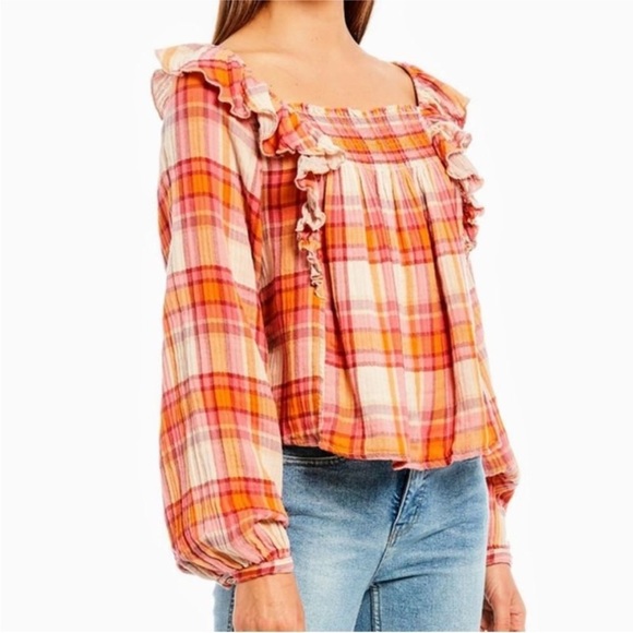 Free People Plaid Seina Blouse Smocked Square Neck Retro Peasant Top NWT - Picture 11 of 11